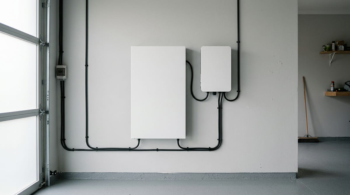 Batería doméstica e inversor en la pared de un garaje
