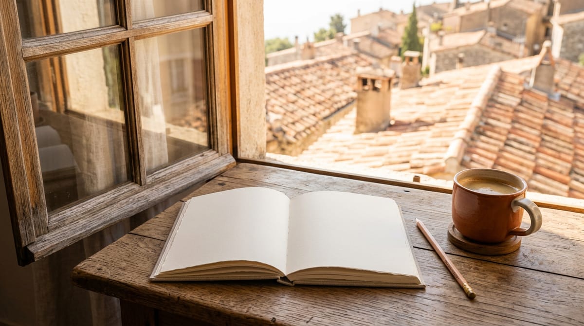 Cuaderno abierto y café junto a una ventana con tejados