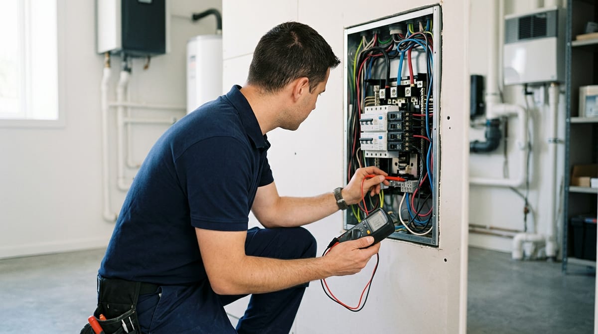 Electricista revisando un cuadro eléctrico