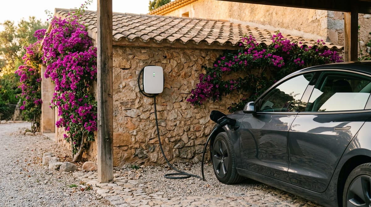 Cargador de coche eléctrico en la pared de un porche
