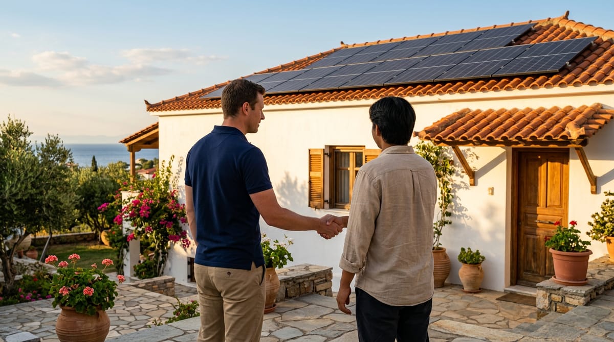 Dos personas dándose la mano delante de una casa con placas solares