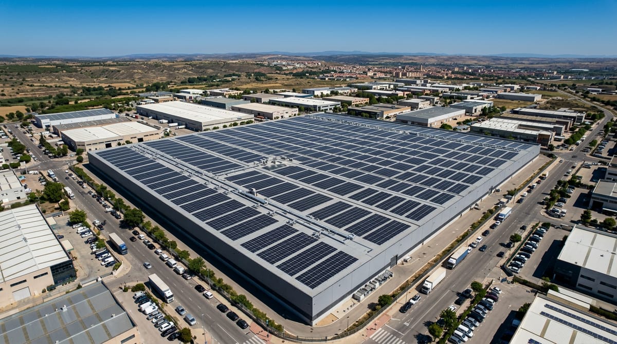 Cubierta de una nave industrial cubierta de placas solares