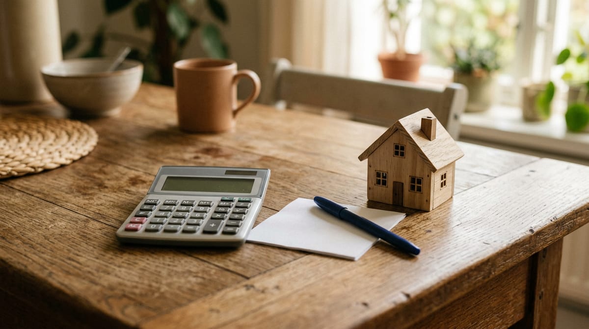Calculadora, bolígrafo y una casita de madera sobre la mesa