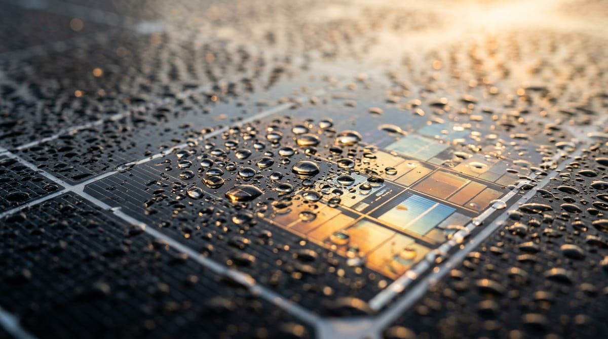 Primer plano de una placa solar con gotas de rocío