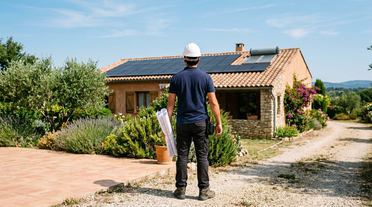 Ingeniero con planos delante de una casa con placas solares