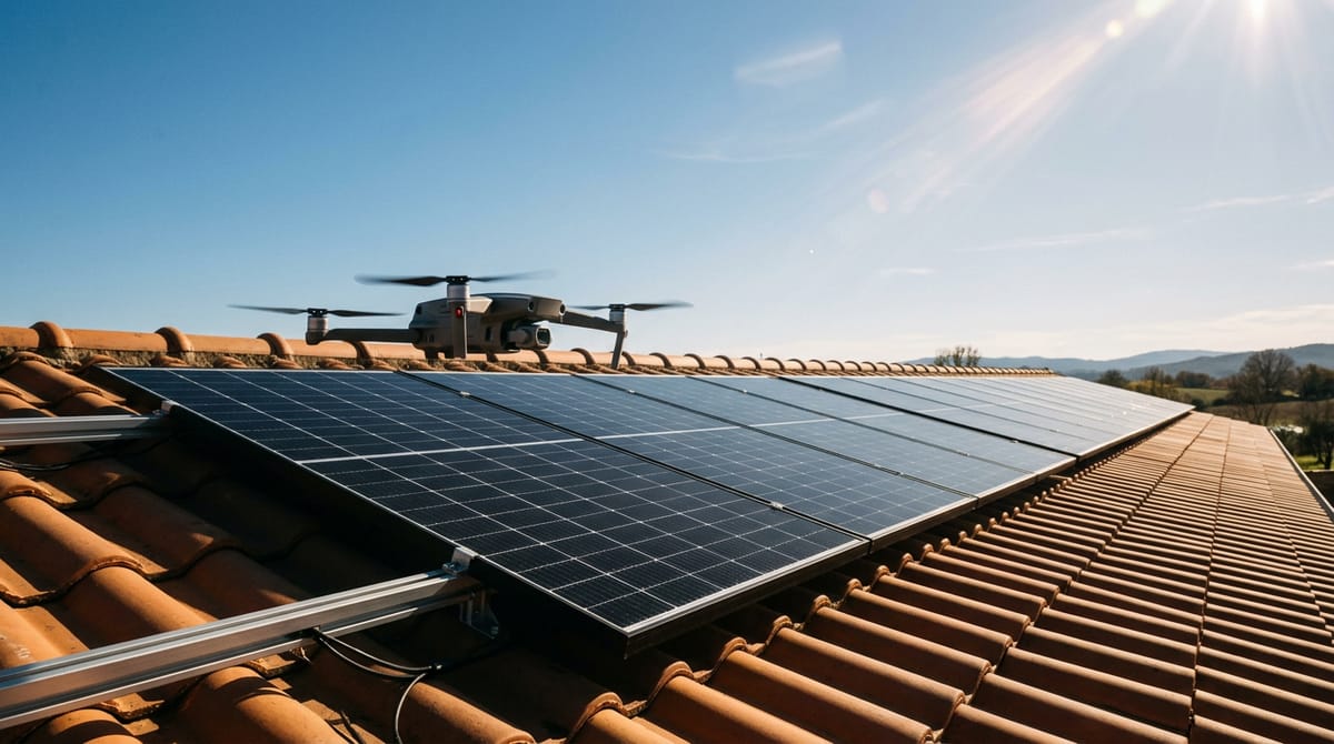 Dron sobrevolando placas solares en un tejado de teja