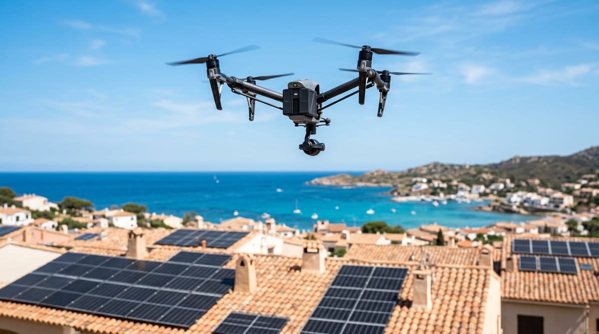 Dron sobre los tejados con placas solares de un pueblo de la costa