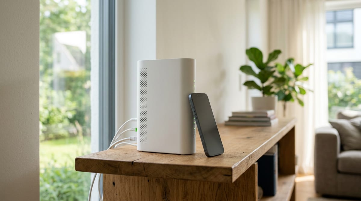 Router de fibra en una estantería de casa