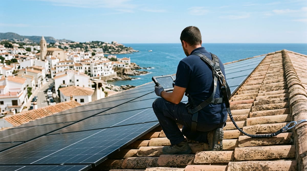 Técnico revisando placas solares en un tejado